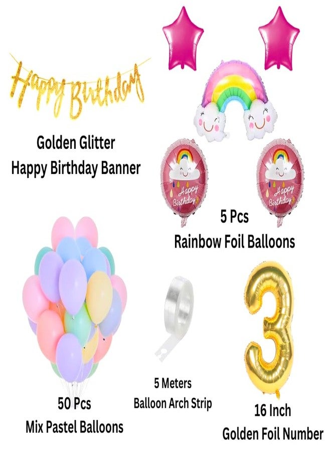 Flyloons Latex Rainbow Theme 3Rd Birthday Decorations Kit Girls Boys Kids Baby Girl For 3 Year With Number Rainbow Pink Star Pink Purple Yellow Blue Green Pastel Balloons Happy Gold Banner, 58 Pcs - Image 2